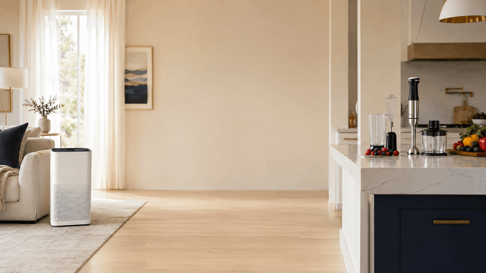 A MOOKA air purifier and KOIOS food preparation appliances in a bright home