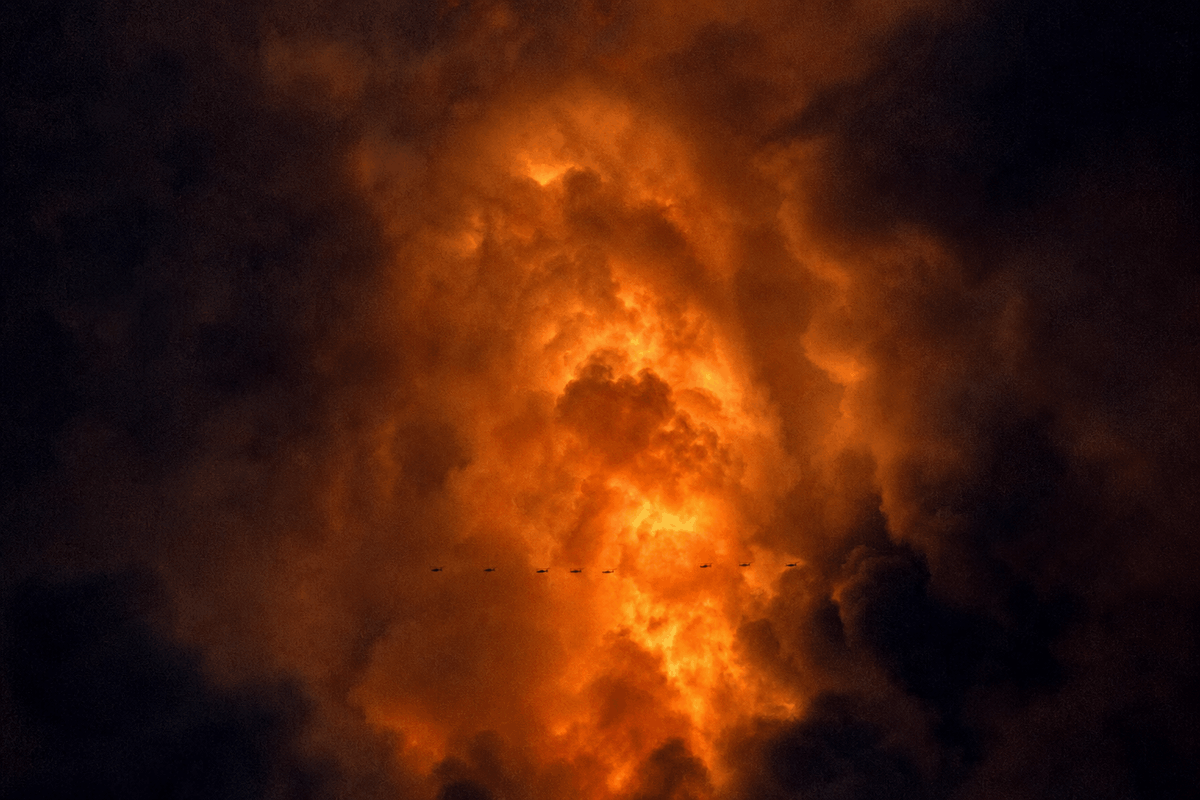 Dense wildfire smoke representing difficult outdoor air conditions