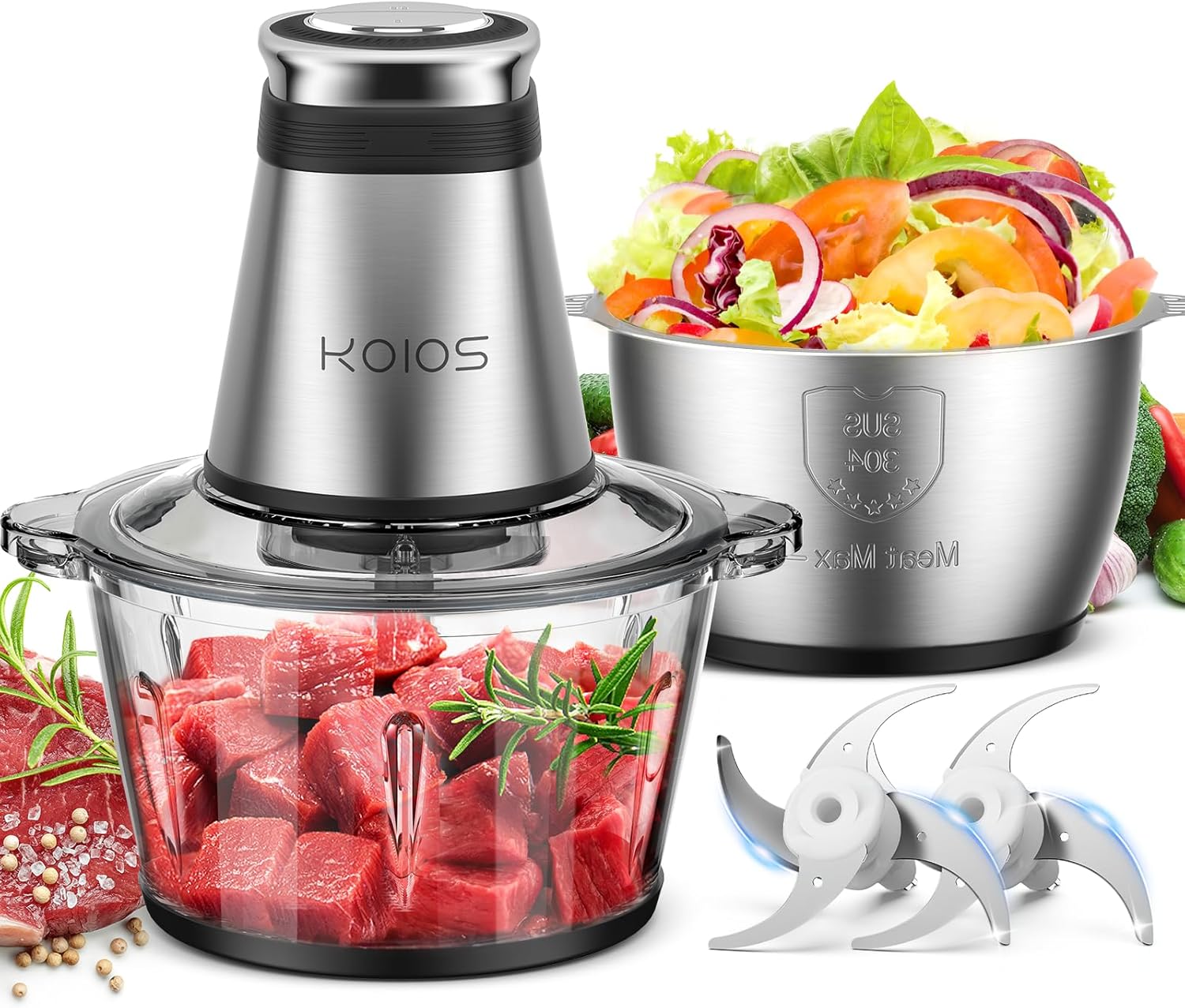 KOIOS 500W Dual-Bowl Food Processor | Black 8-Cup Chopper